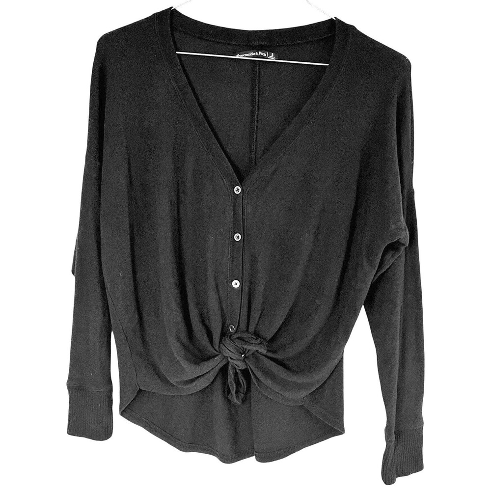Abercrombie & Fitch Women's Tie Front Cropped Cardigan Sweater Black‎ S
